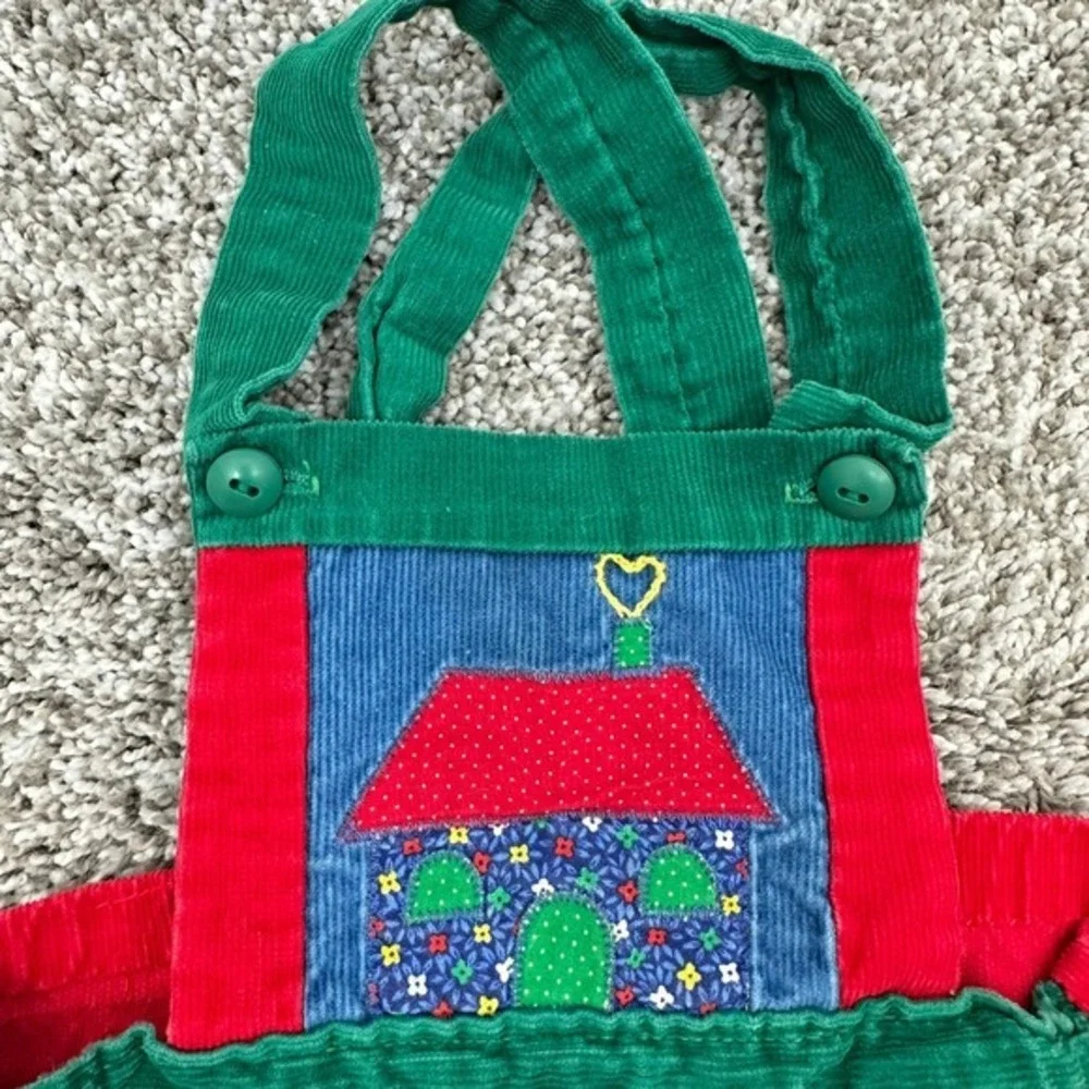 Vintage Corduroy‎ Jumper Dress Cottagecore Red Green Girl's Applique House